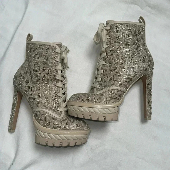 EUC GIANNI BINI HALLAND GLITZY EMBELLISHED LEOPARD PLATFORM HEELED BOOTIES - Picture 8 of 13